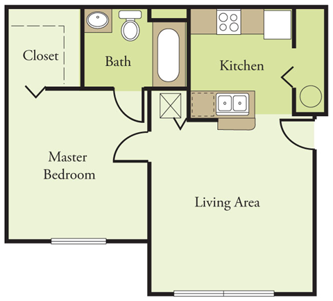 Floor plan for 1 bed, 1 bath, 900 sqft